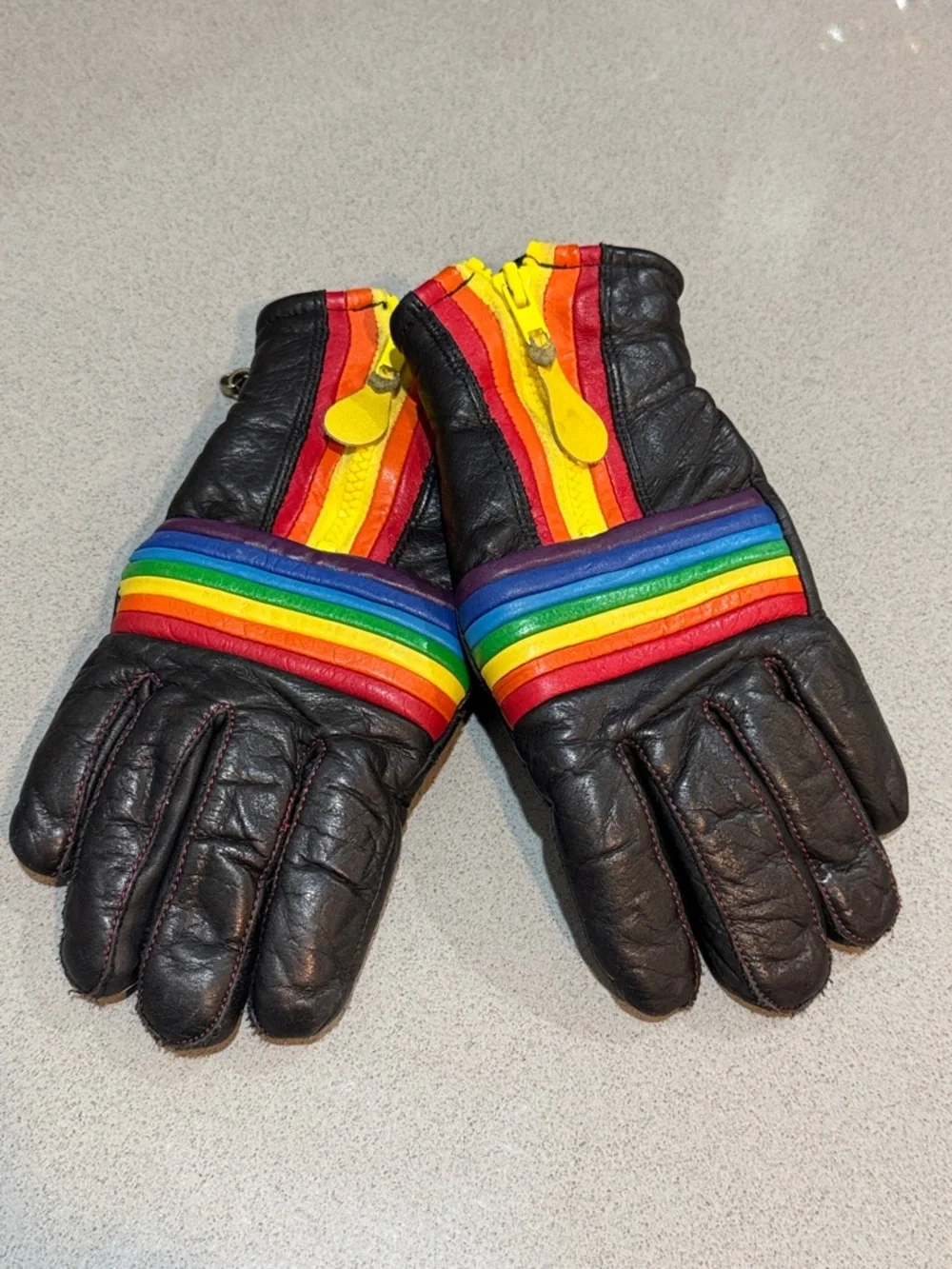 VINTAGE KOMBI RAINBOW STRIPE LEATHER SKI GLOVES BLACK RETRO 70s MADE IN JAPAN